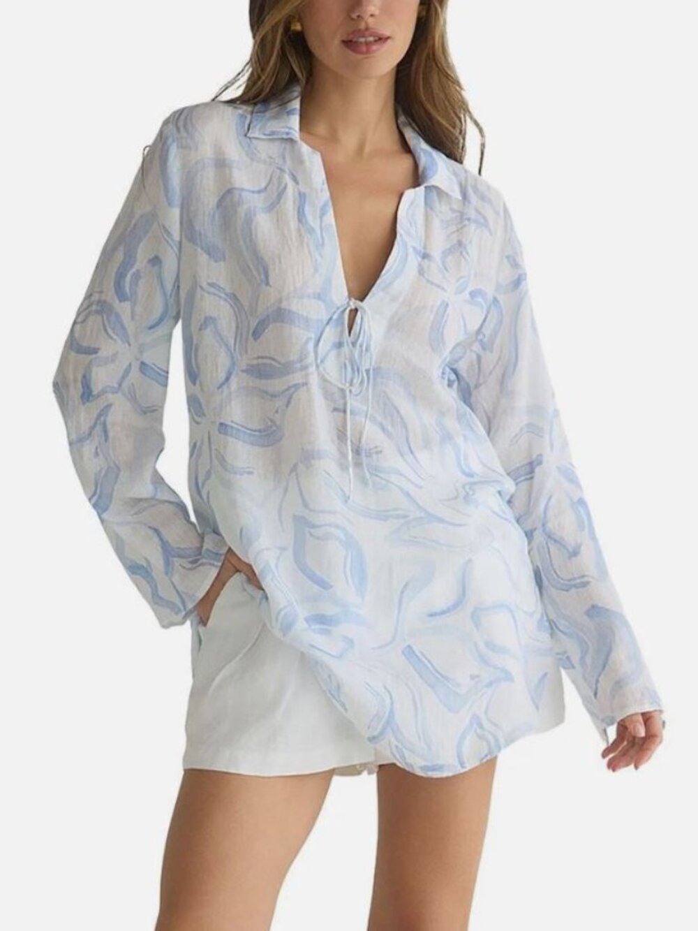 Bella Dahl Tie Front Tunic M Waves Floral Print Linen Blend Summer Beach Coastal